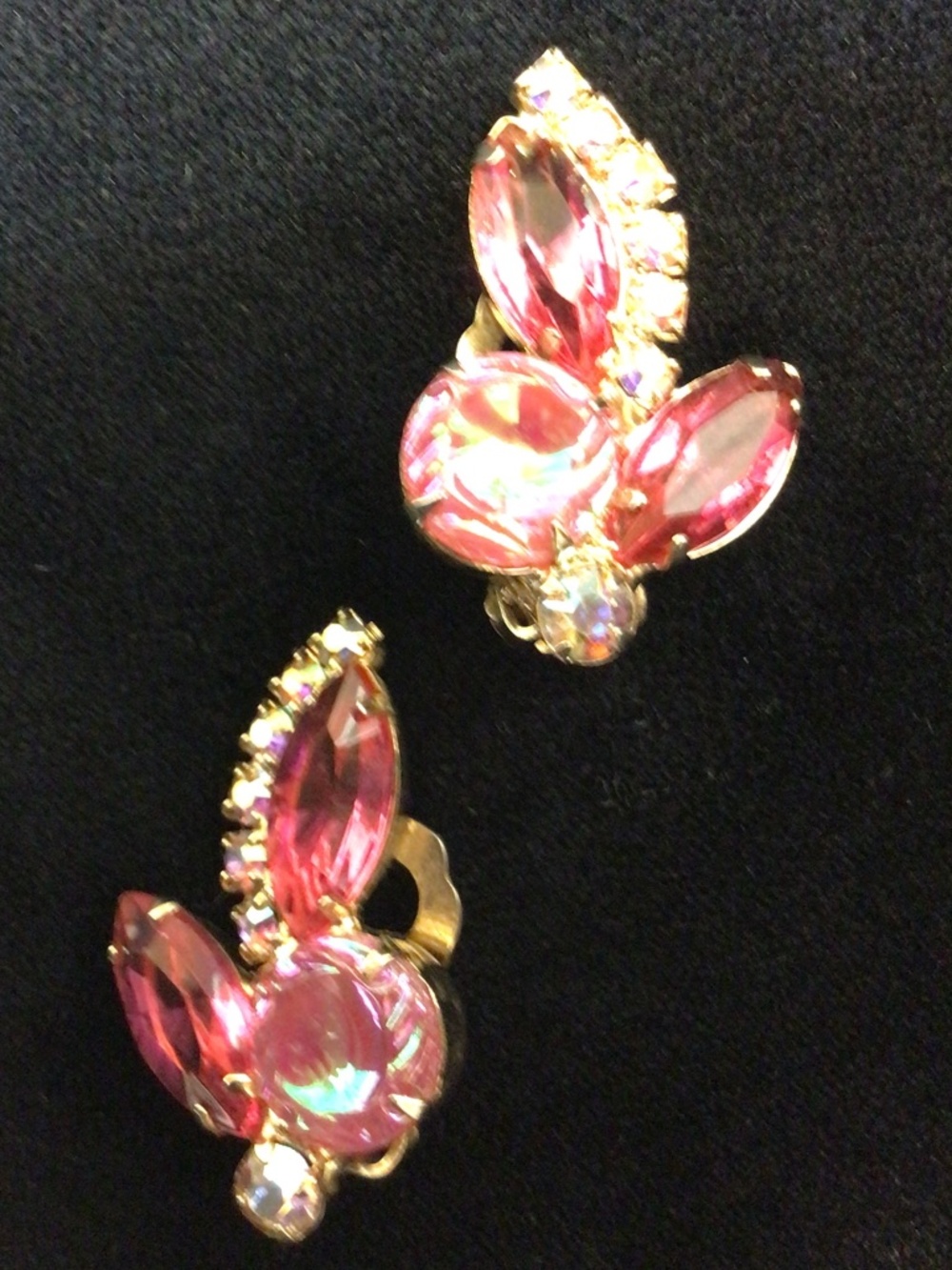Gorgeous Juliana Clip-on Earring with Pink and Iridescent Rhinestones Gold-tone